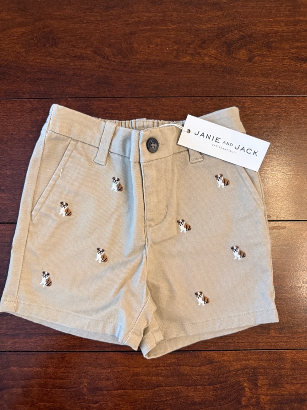 Janie and Jack Tan Bulldog Embroidered Kids Shorts